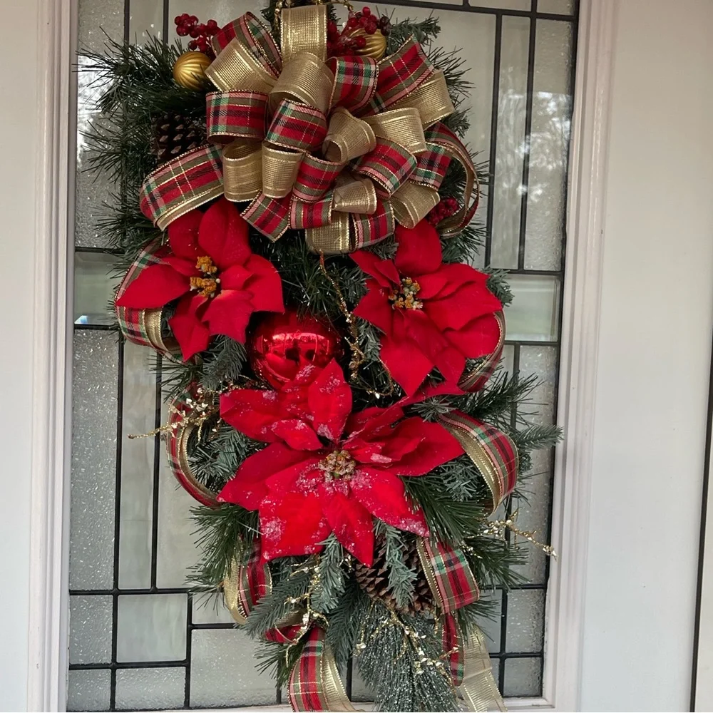 **Red Poinsettia Christmas Teardrop Swag Wreath Front door